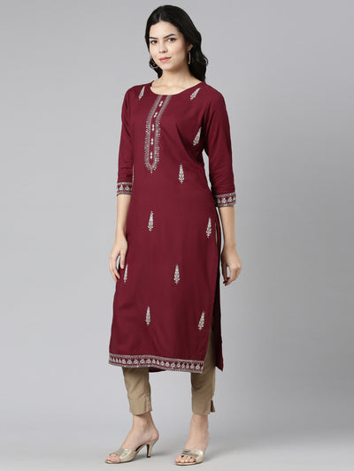 Neerus Purple Regular Straight Embroidered Kurtas