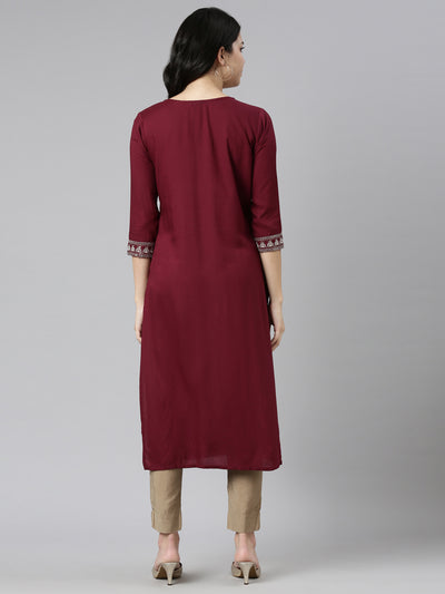 Neerus Purple Regular Straight Embroidered Kurtas