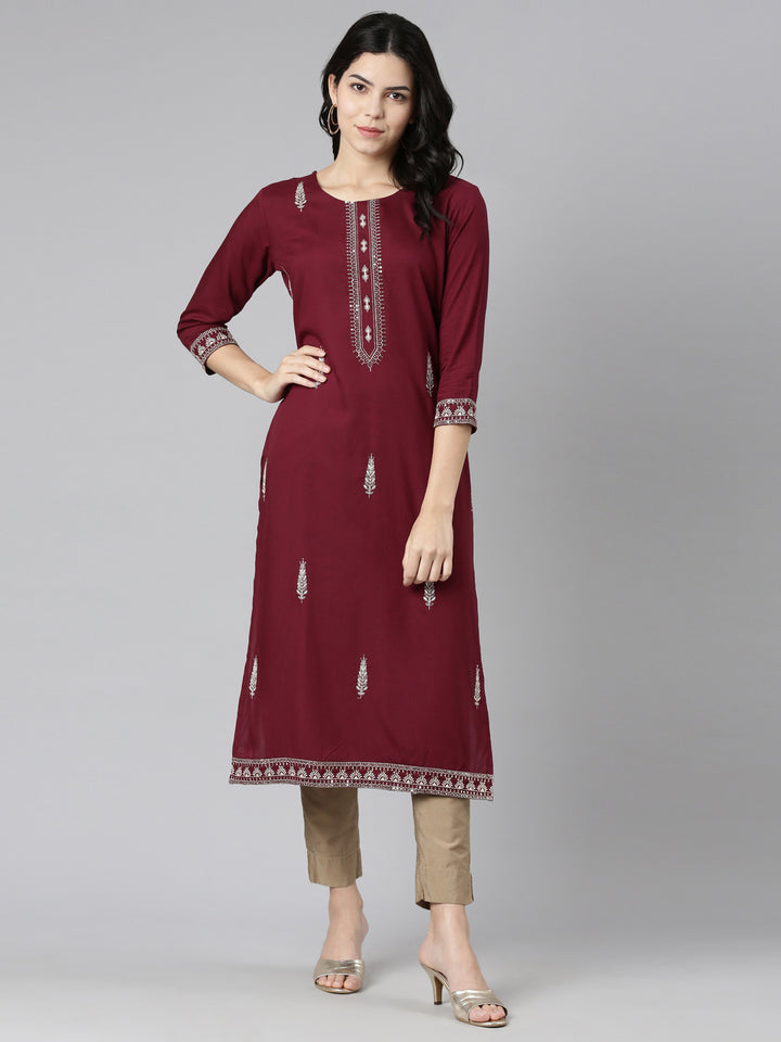 Neerus Purple Regular Straight Embroidered Kurta