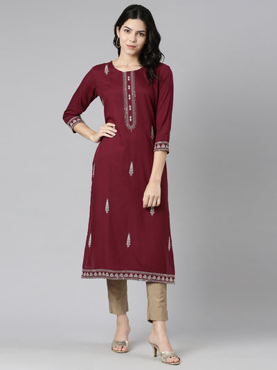 Neerus Purple Regular Straight Embroidered Kurtas