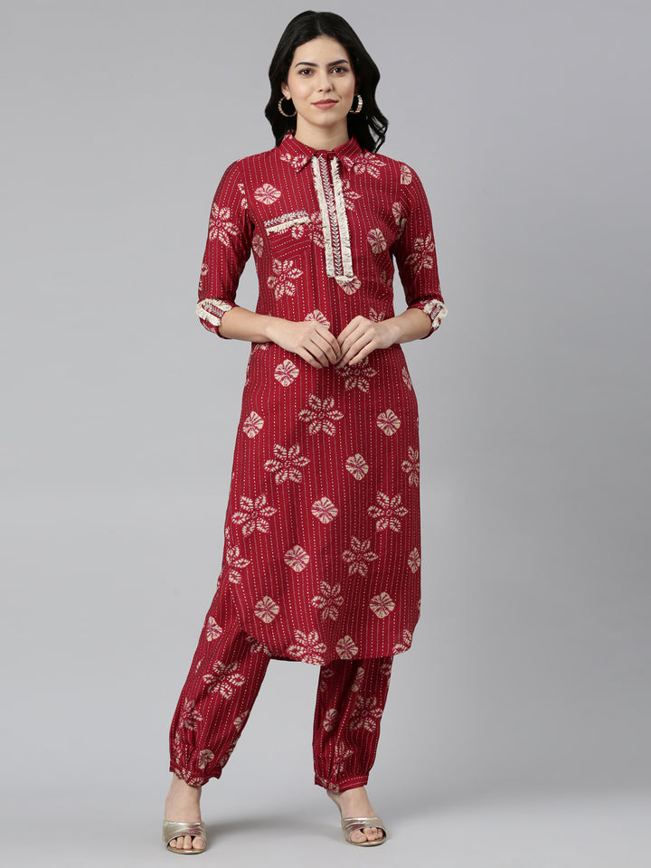 Neerus Maroon Regular Straight Printed Kurta And Salwar