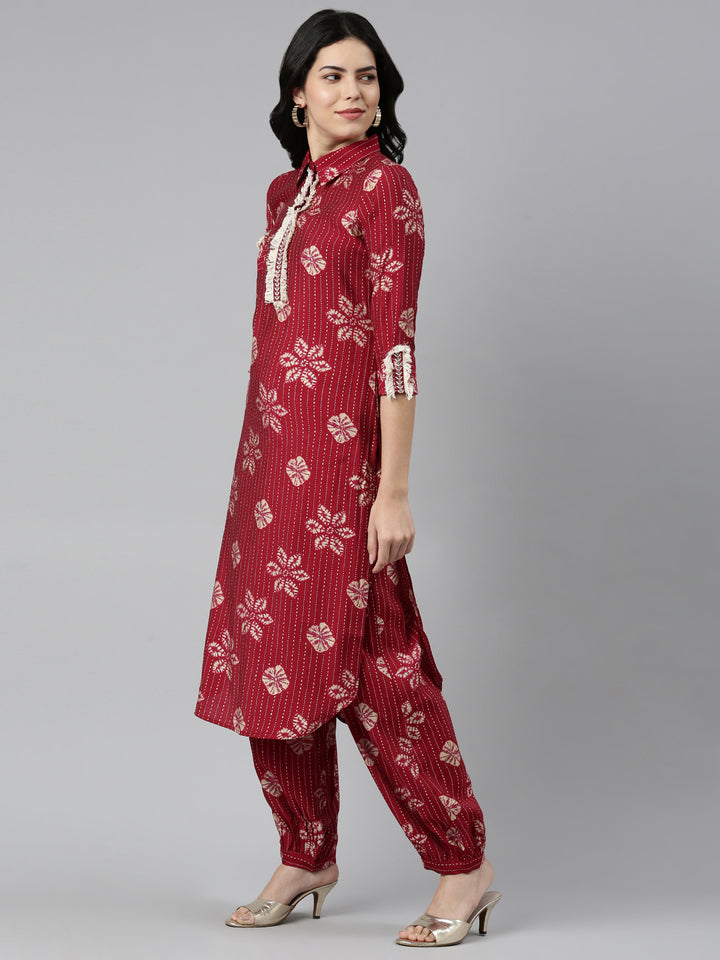 Neerus Maroon Regular Straight Printed Kurta And Salwar