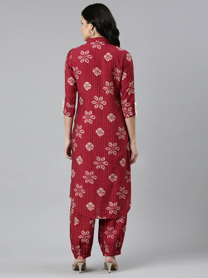 Neerus Maroon Regular Straight Printed Kurta And Salwar