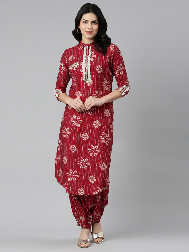 Neerus Maroon Regular Straight Printed Kurta And Salwar
