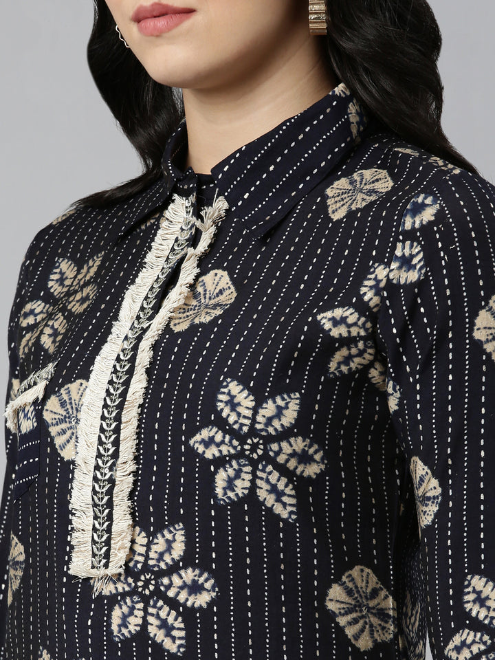 Neerus Navy Blue Regular Straight Printed Kurta And Salwar
