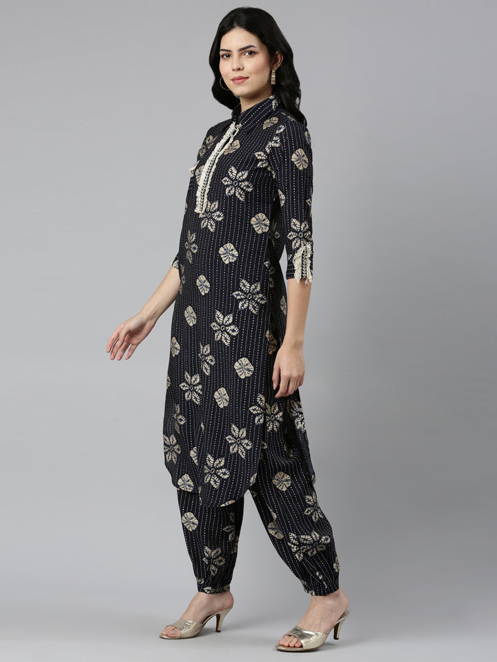 Neerus Navy Blue Regular Straight Printed Kurta And Salwar