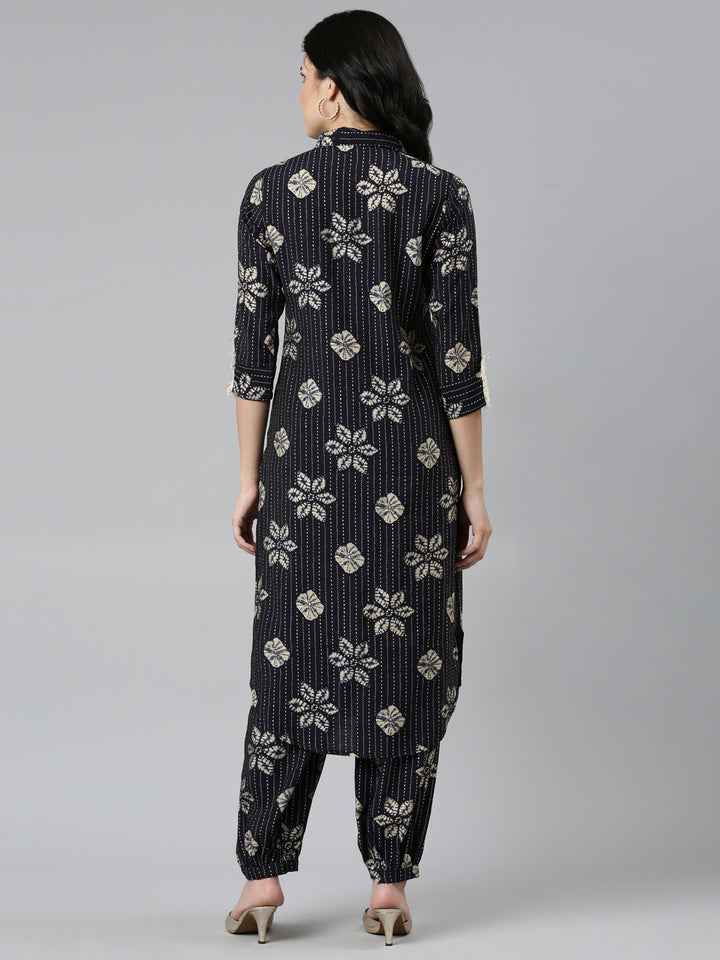 Neerus Navy Blue Regular Straight Printed Kurta And Salwar