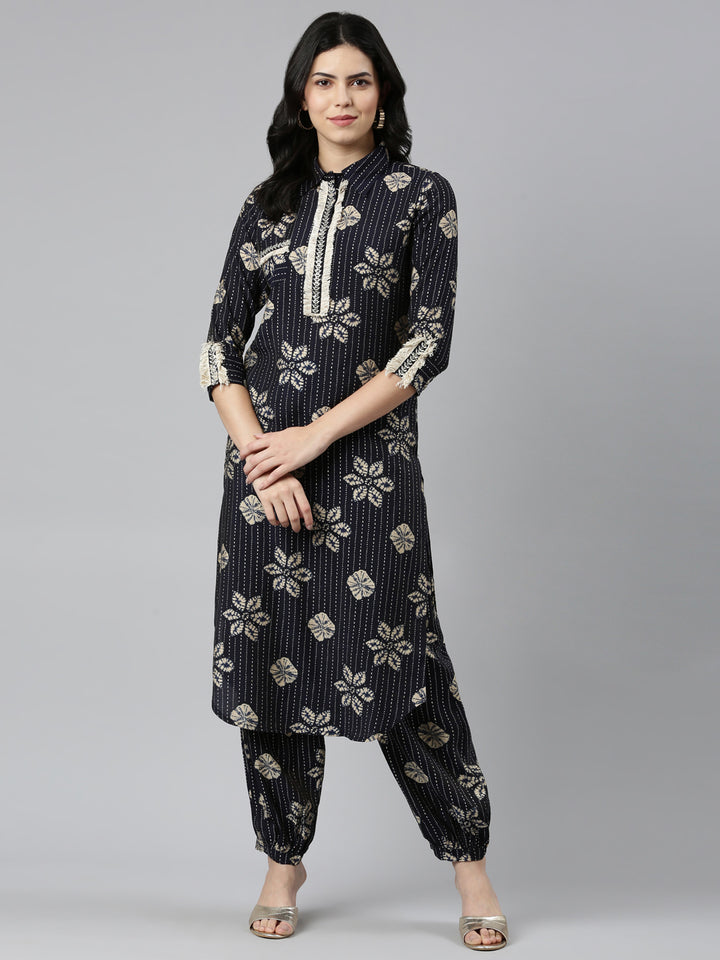 Neerus Navy Blue Regular Straight Printed Kurta And Salwar