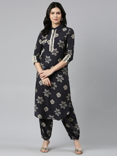 Neeru's Navy Blue Regular Straight Printed Kurta And Salwar