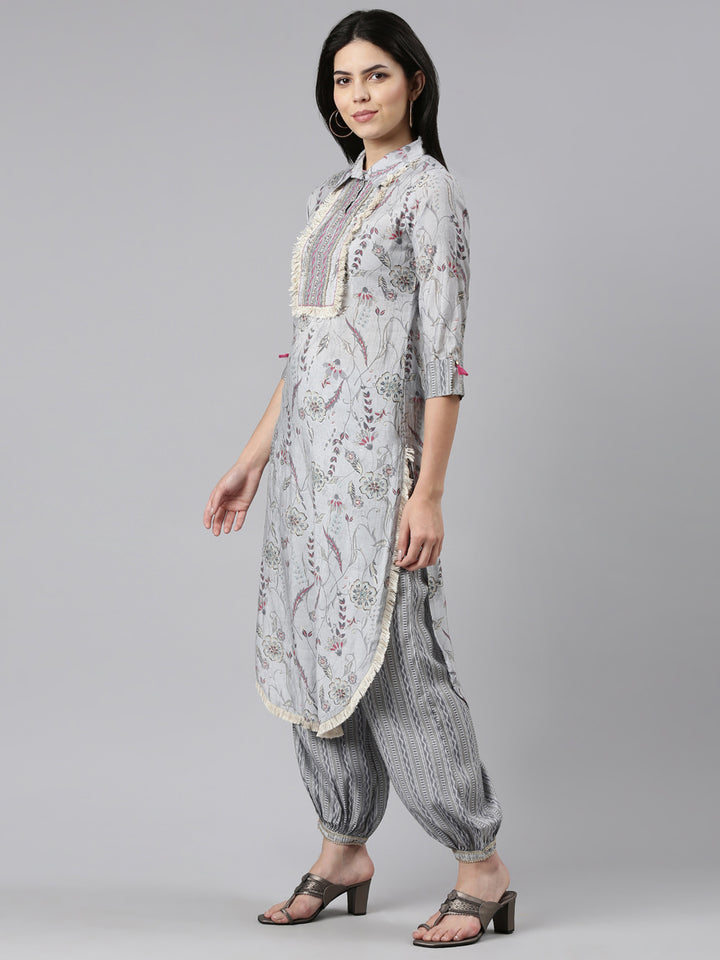 Neerus Grey Regular Straight Printed Kurta And Salwar With Dupatta