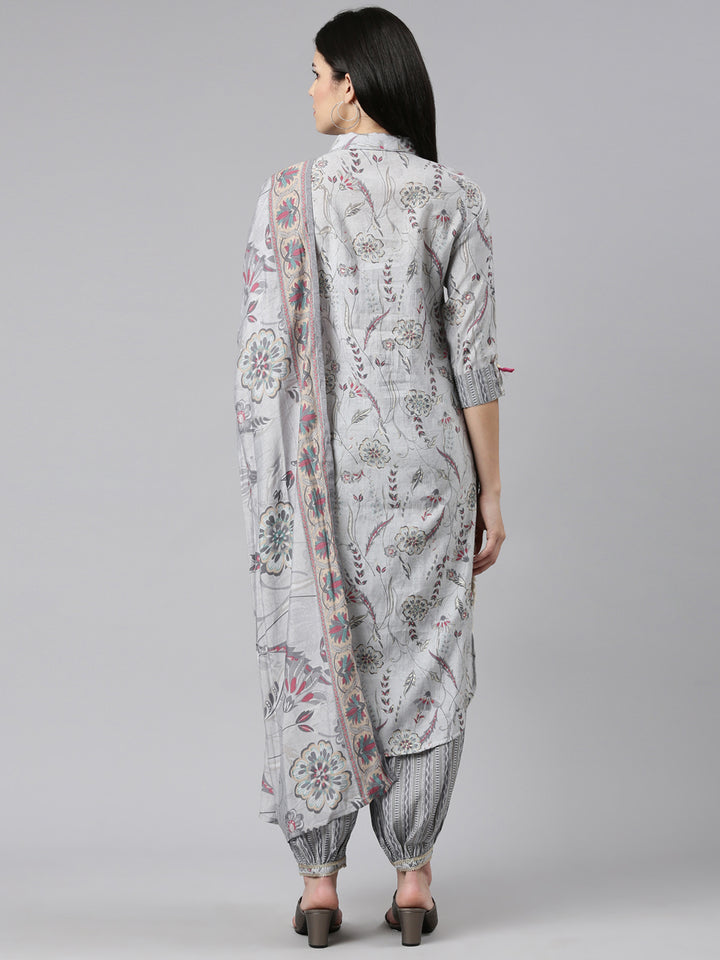 Neerus Grey Regular Straight Printed Kurta And Salwar With Dupatta