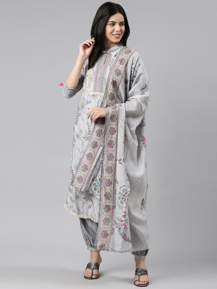 Neerus Grey Regular Straight Printed Kurta And Salwar With Dupatta