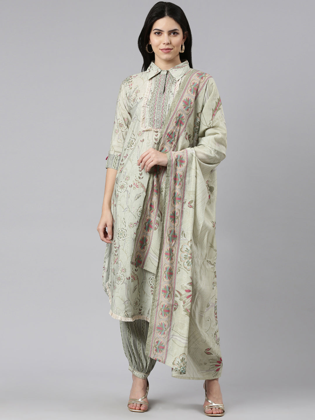 Neerus Green printed straight kurta set with dupatta - front view