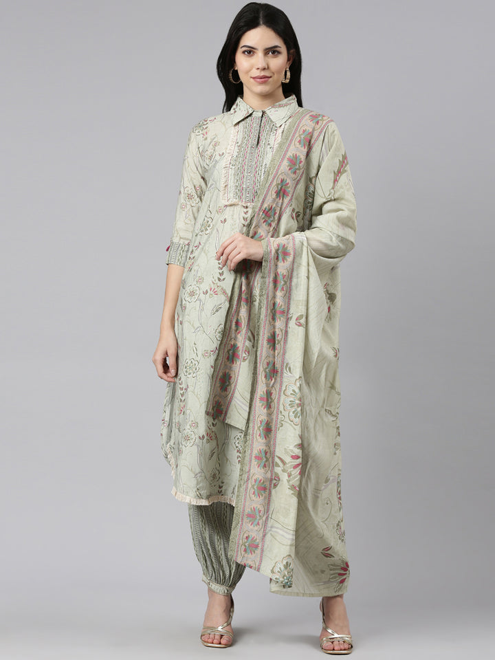 Neerus Green printed straight kurta set with dupatta - front view