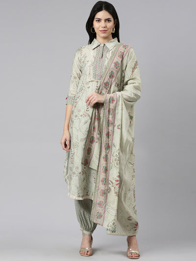 Neerus Green Regular Straight Printed Kurta And Salwar With Dupatta