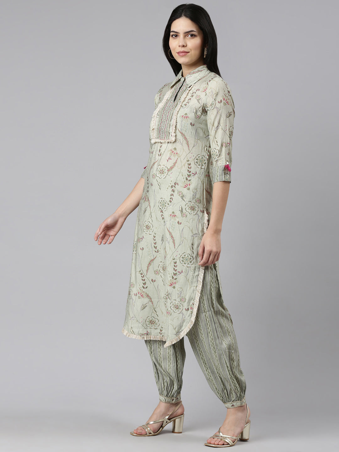 Neerus Green printed straight kurta set with dupatta - back view