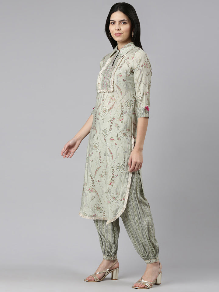 Neerus Green printed straight kurta set with dupatta - back view