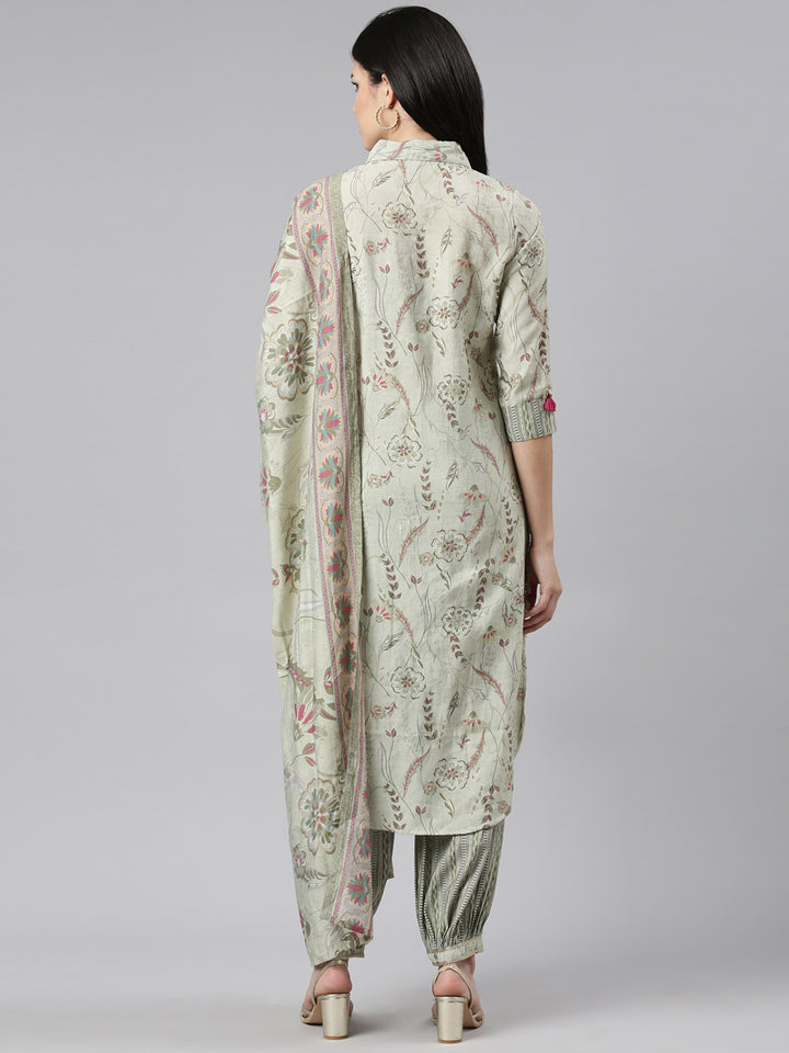 Neerus Green printed straight kurta set with dupatta - side view