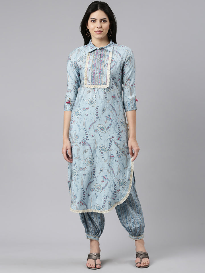 Neerus Blue Regular Straight Printed Kurta And Salwar With Dupatta