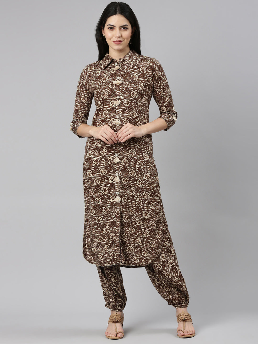 Neerus Brown Regular Straight Printed Kurta And Salwar