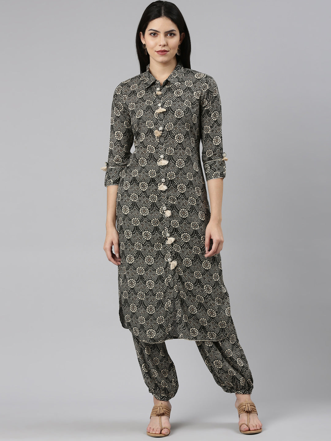 Neerus Grey Regular Straight Printed Kurta And Salwar