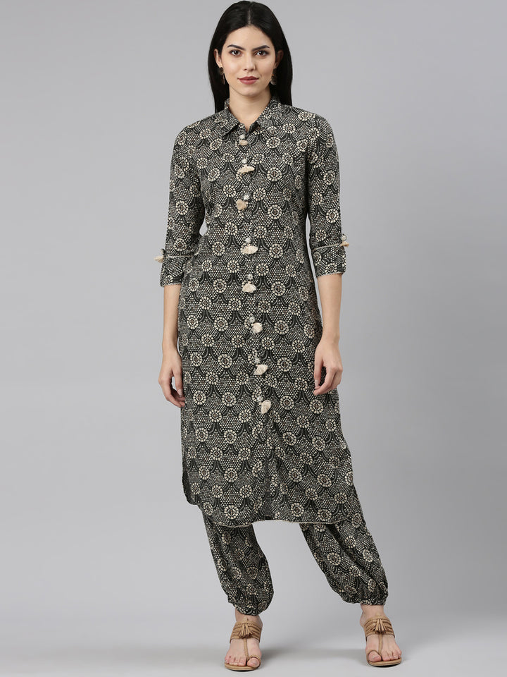 Neerus Grey Regular Straight Printed Kurta And Salwar