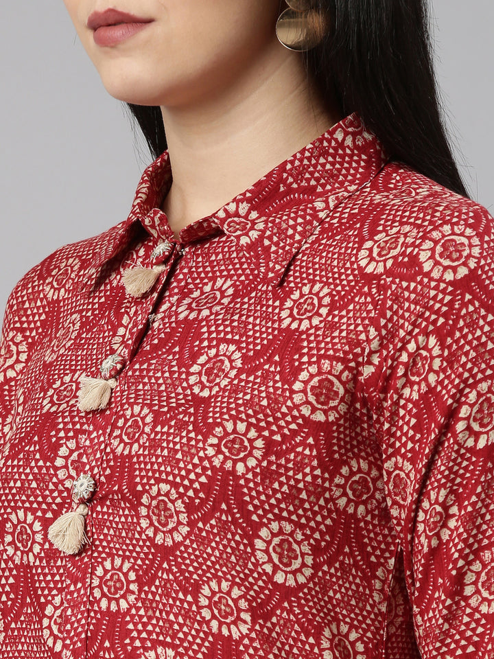 Neerus Maroon Rayon Printed Kurta Set - detail view 1