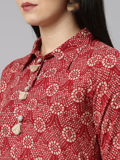 Neeru's Maroon Regular Straight Printed Kurta And Salwar