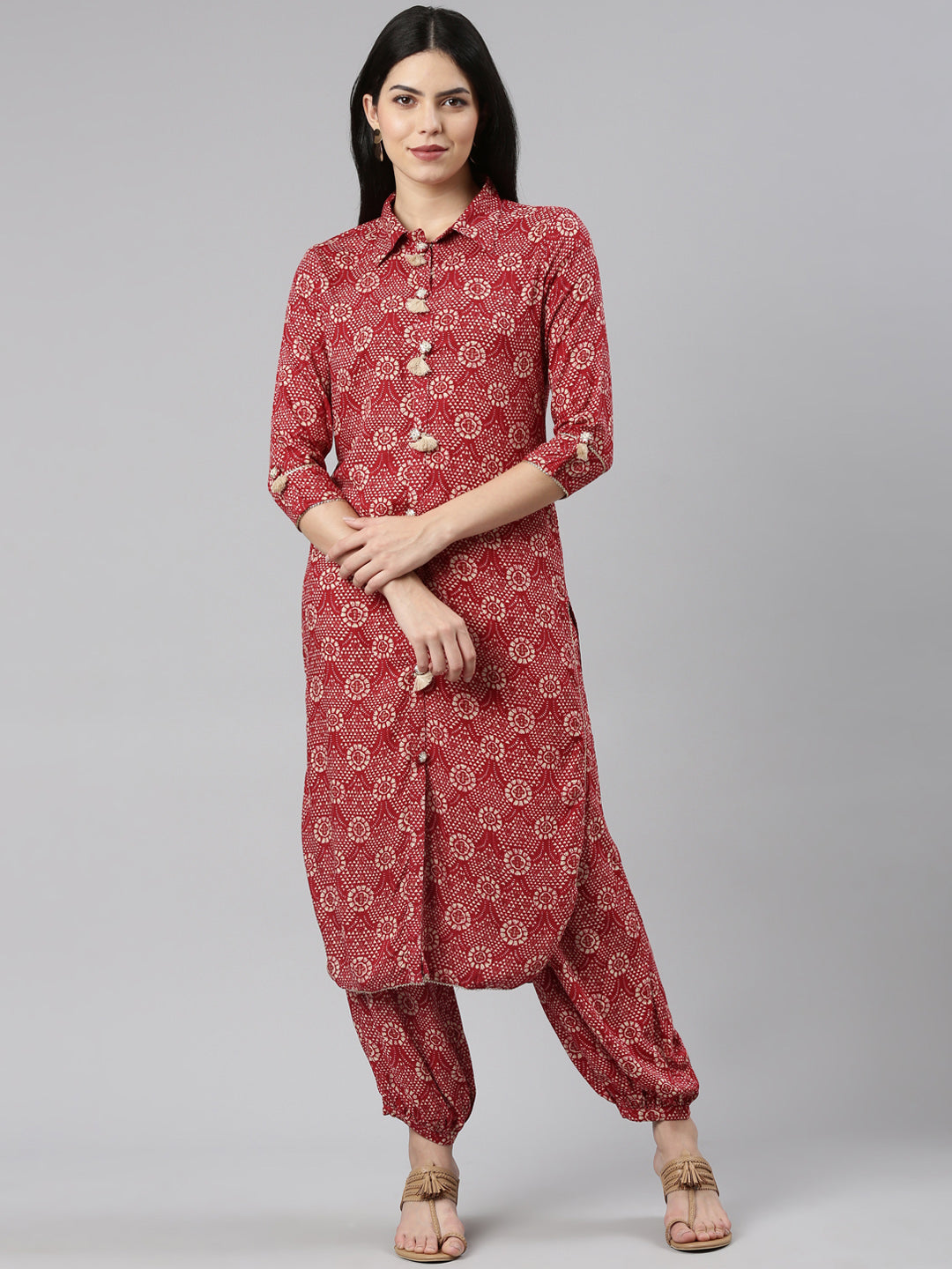 Neerus Maroon Rayon Printed Kurta Set - front view