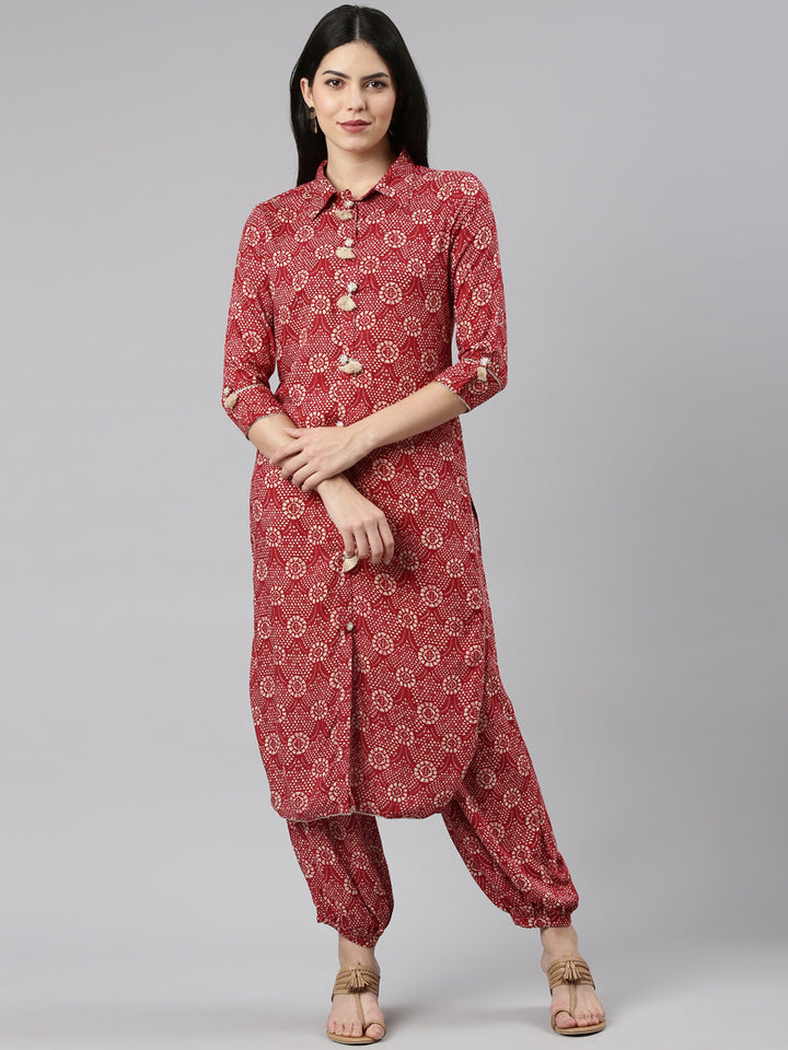 Neerus Maroon Rayon Printed Kurta Set - front view