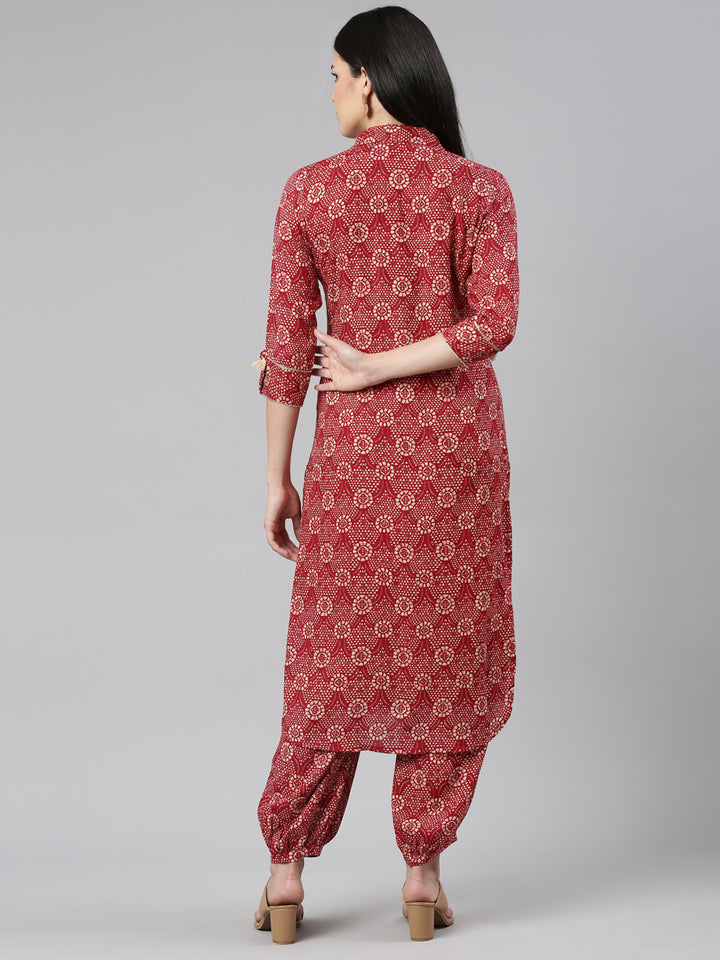 Neerus Maroon Rayon Printed Kurta Set - side view