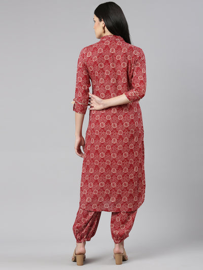 Neerus Maroon Regular Straight Printed Kurta And Salwar