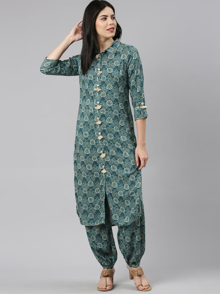 Neerus Green Regular Straight Printed Kurta And Salwar
