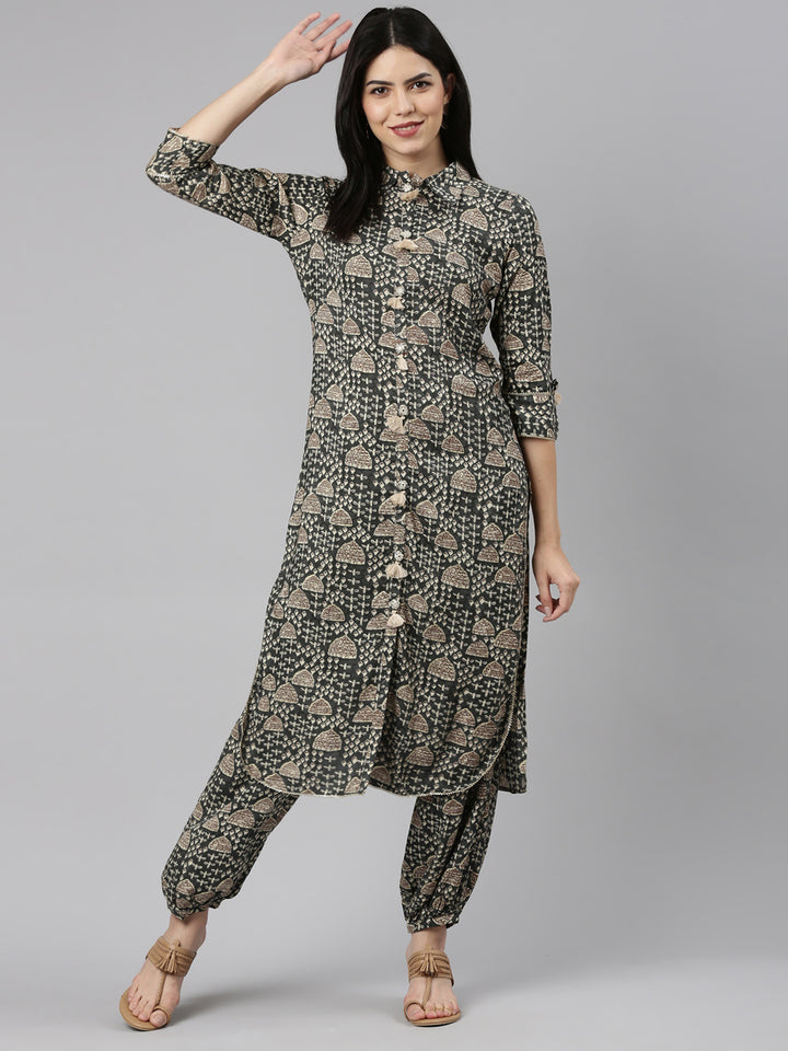 Neerus Grey Regular Straight Printed Kurta And Salwar