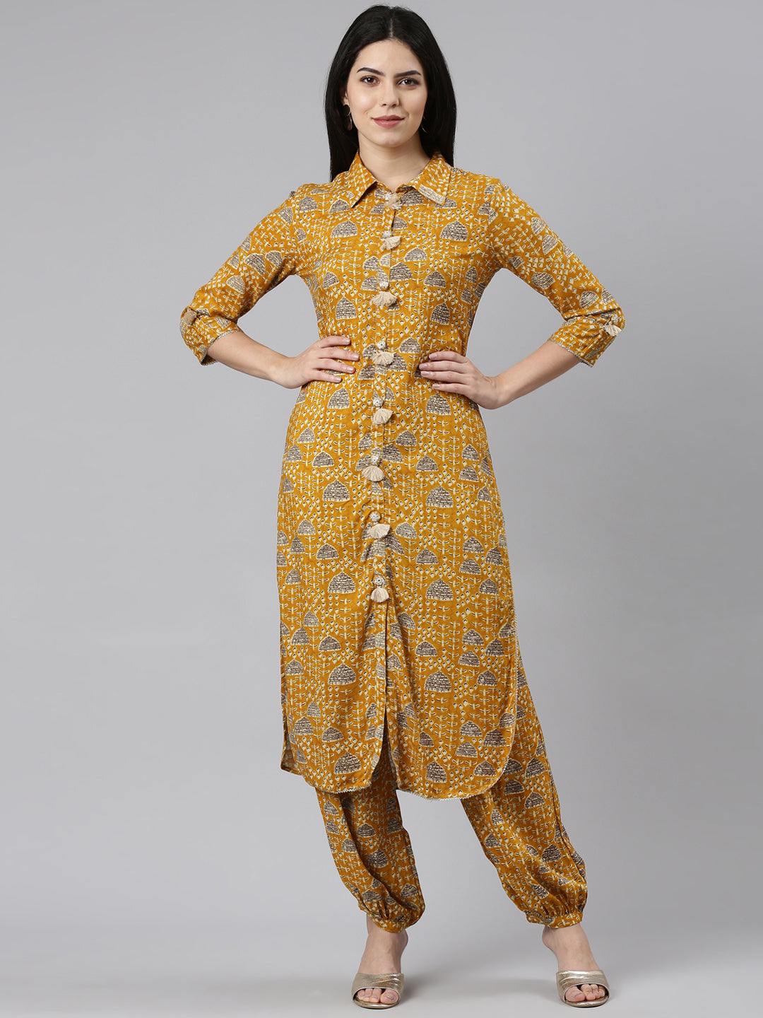 Neerus Yellow rayon printed kurta set - front view