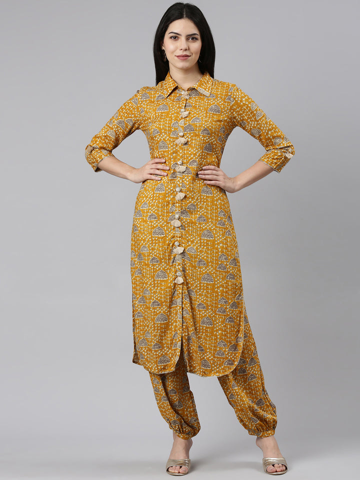Neerus Yellow rayon printed kurta set - front view
