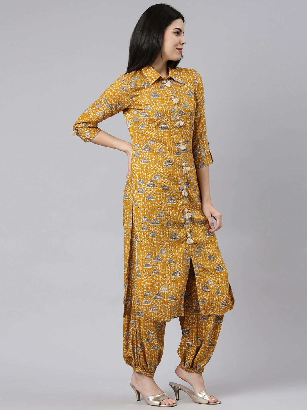 Neerus Yellow rayon printed kurta set - back view