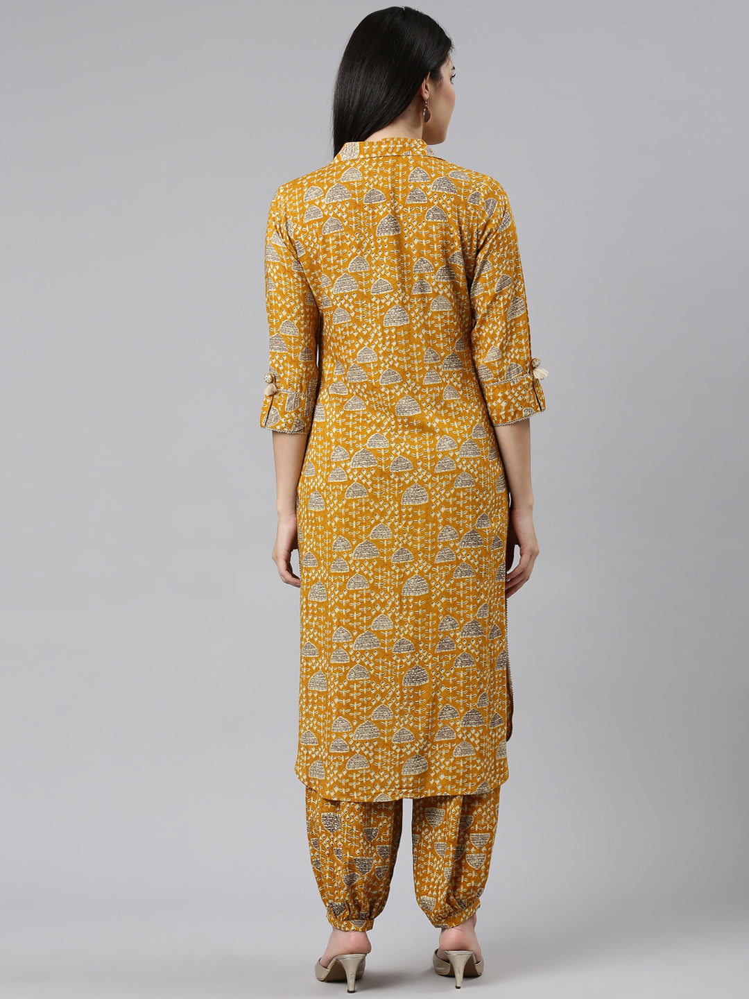 Neerus Yellow rayon printed kurta set - side view