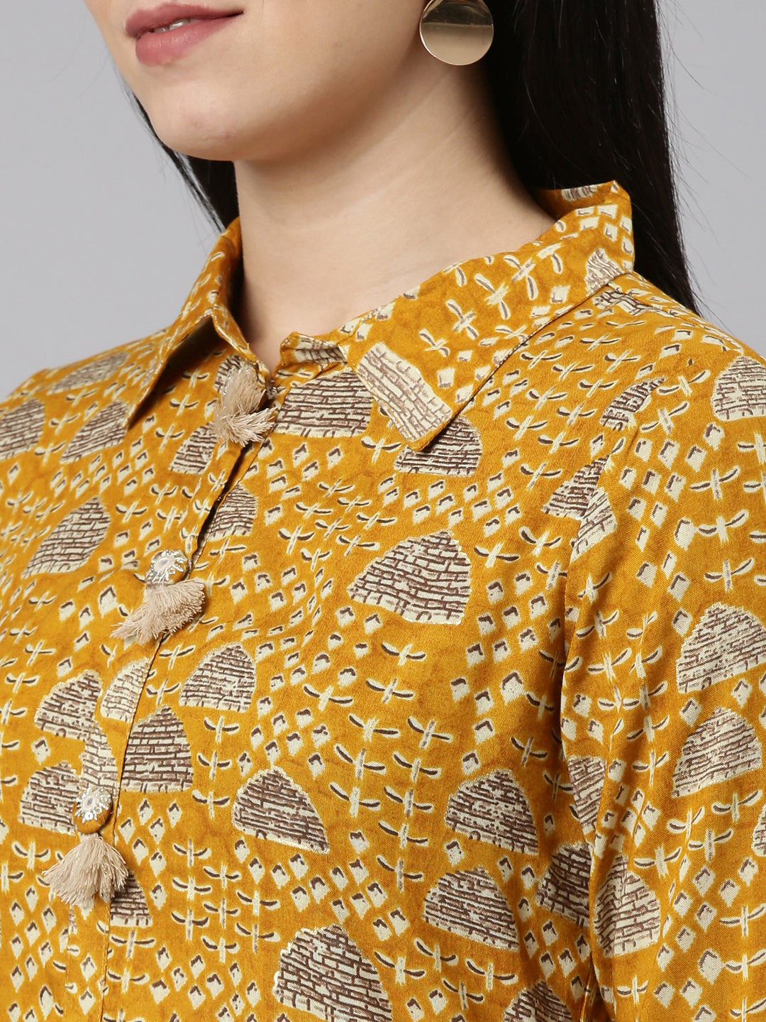 Neerus Yellow rayon printed kurta set - detail view 1