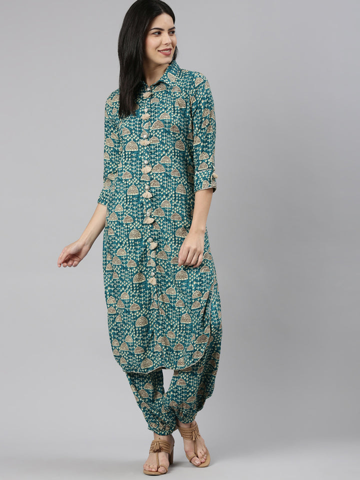 Neerus Green Regular Straight Printed Kurta And Salwar