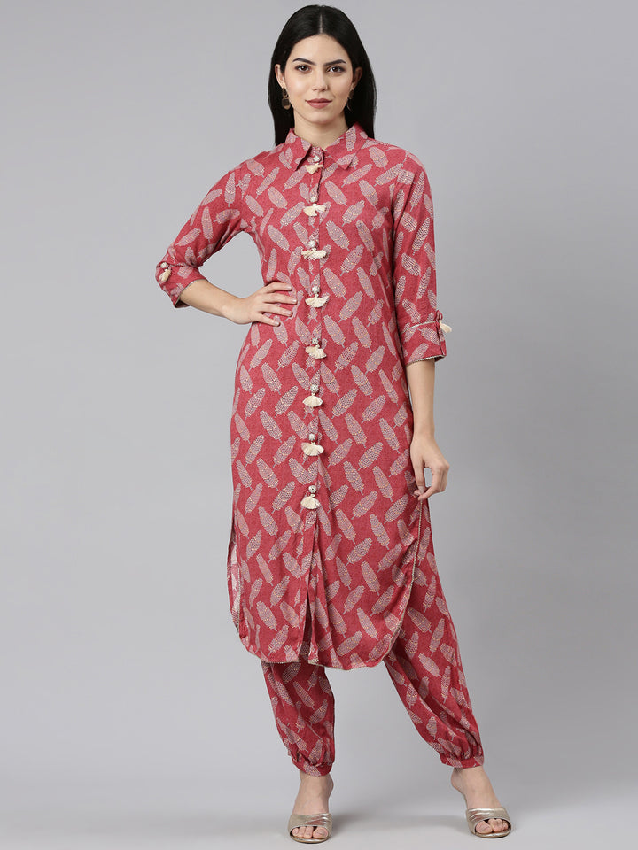 Neerus Maroon rayon printed straight kurta set - front view