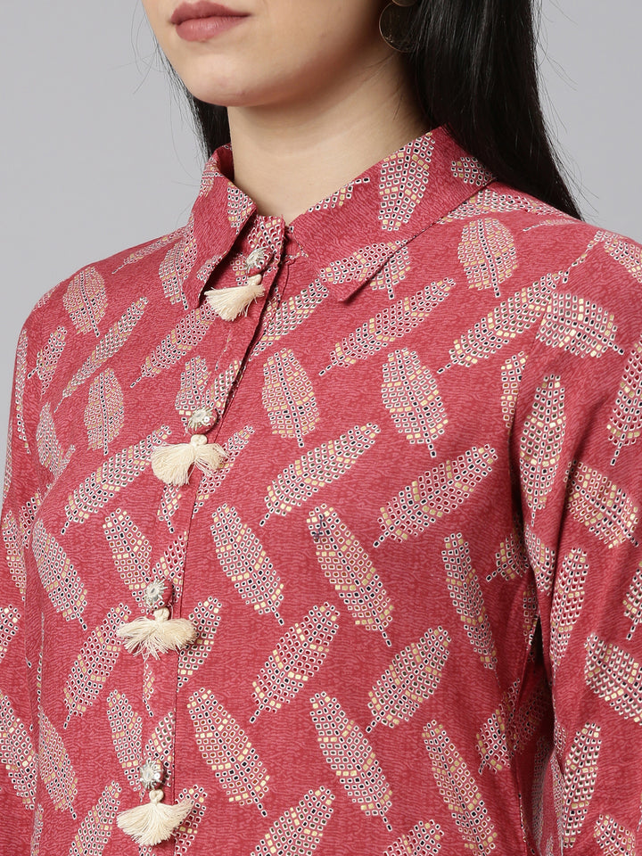 Neerus Maroon rayon printed straight kurta set - detail view 1