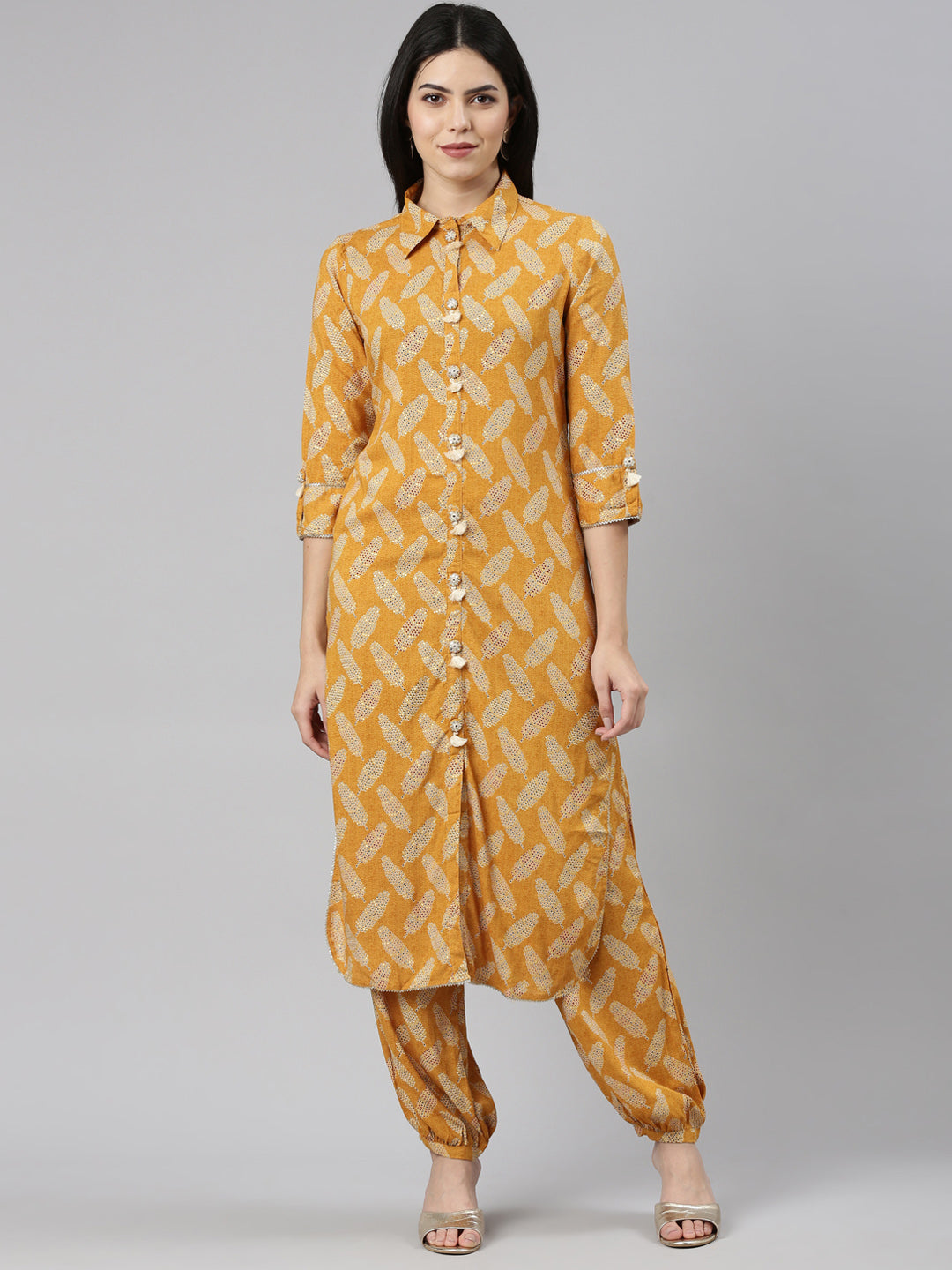 Neerus Yellow rayon printed kurta set - front view