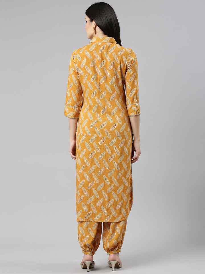 Neerus Yellow rayon printed kurta set - side view