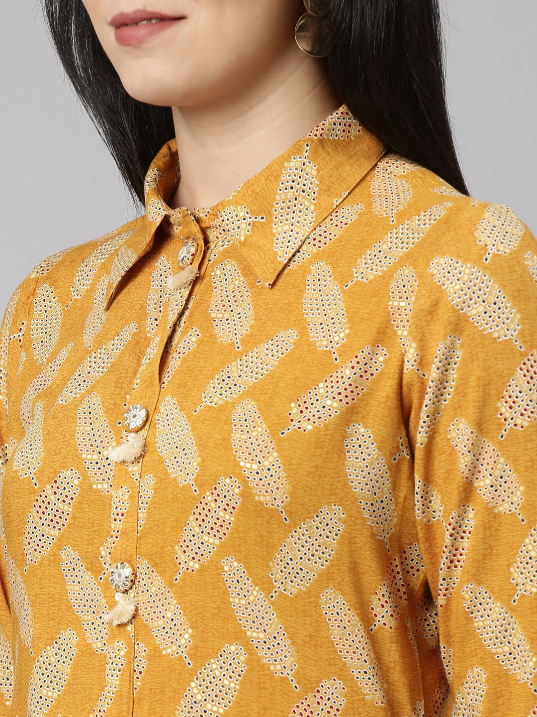 Neerus Yellow rayon printed kurta set - detail view 1