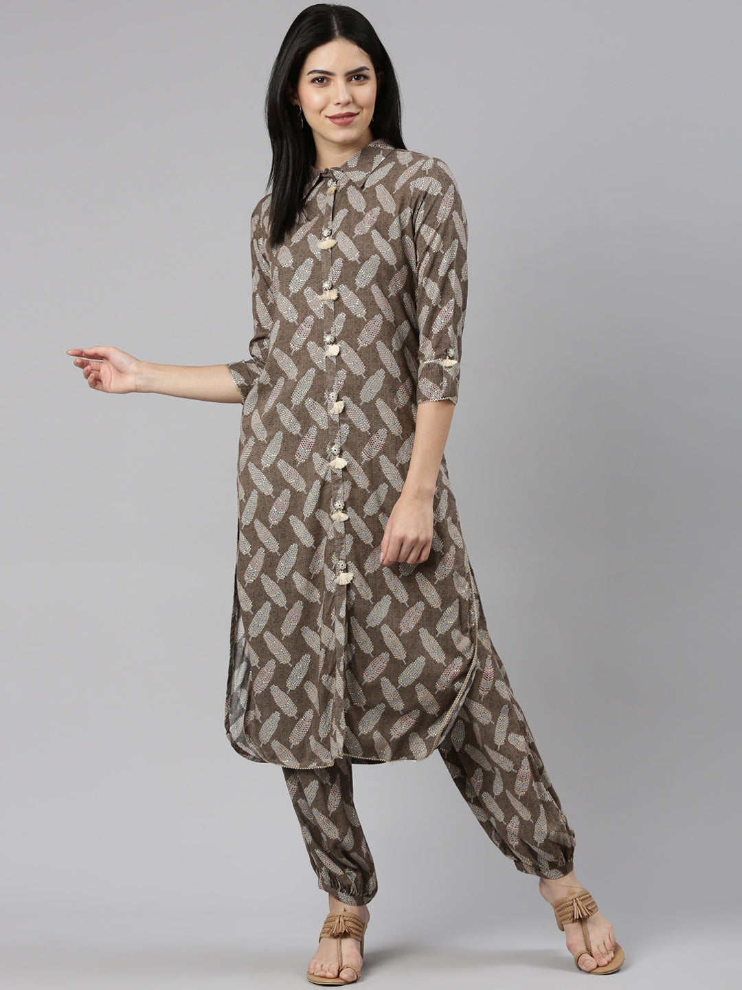 Neerus Olive Regular Straight Printed Kurta And Salwar