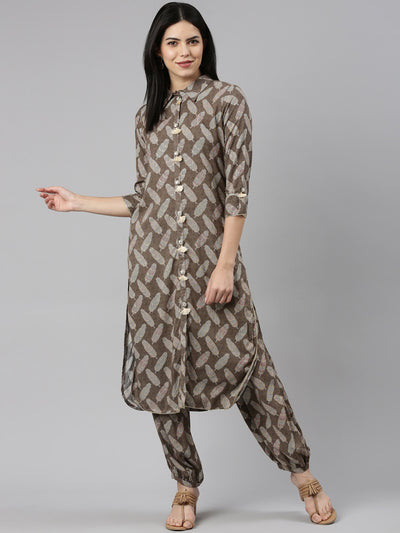 Neerus Olive Regular Straight Printed Kurta And Salwar