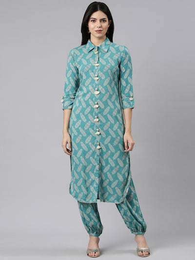 Neerus Green Regular Straight Printed Kurta And Salwar