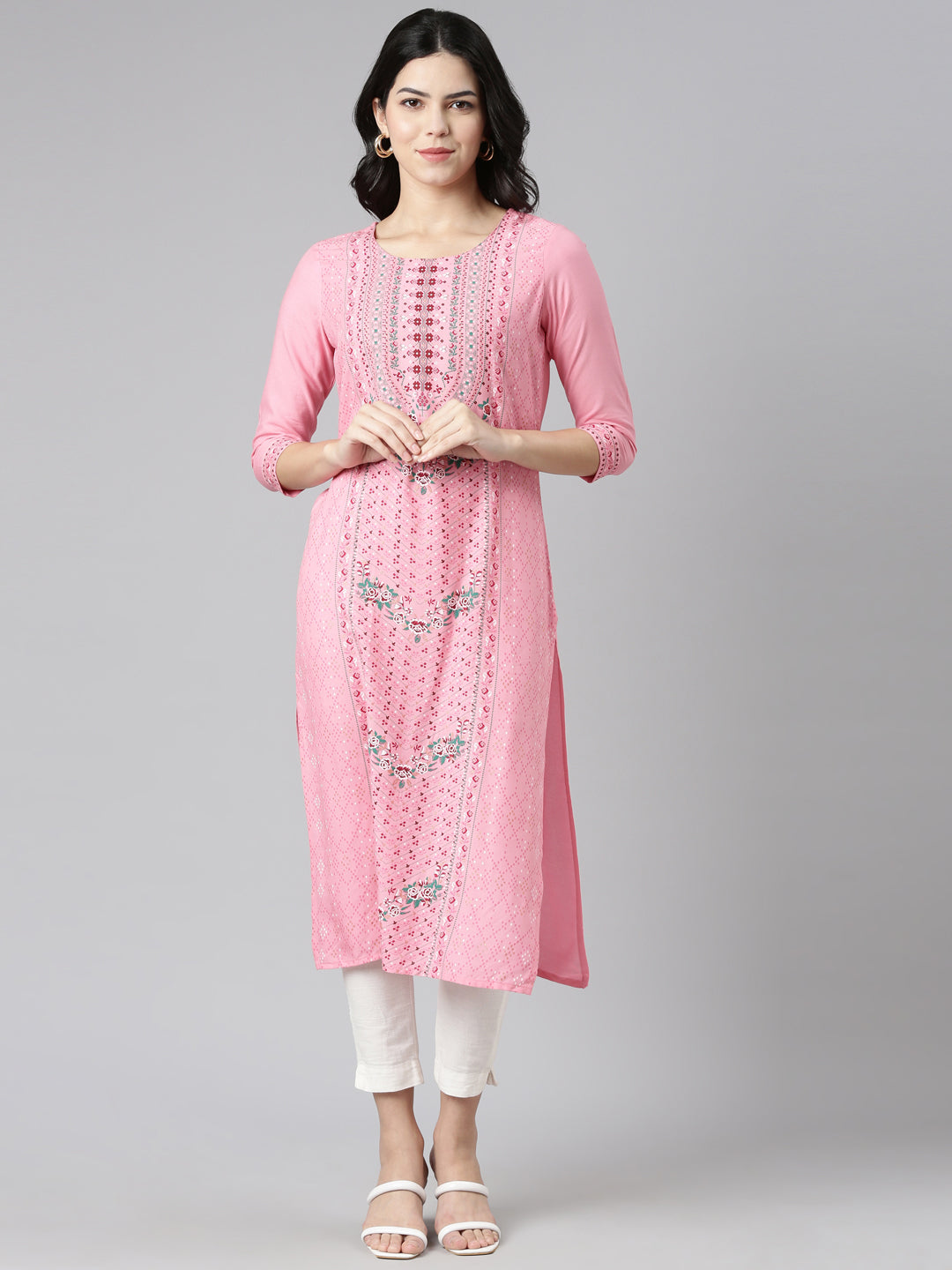 Neerus Pink Regular Straight Printed Kurtas