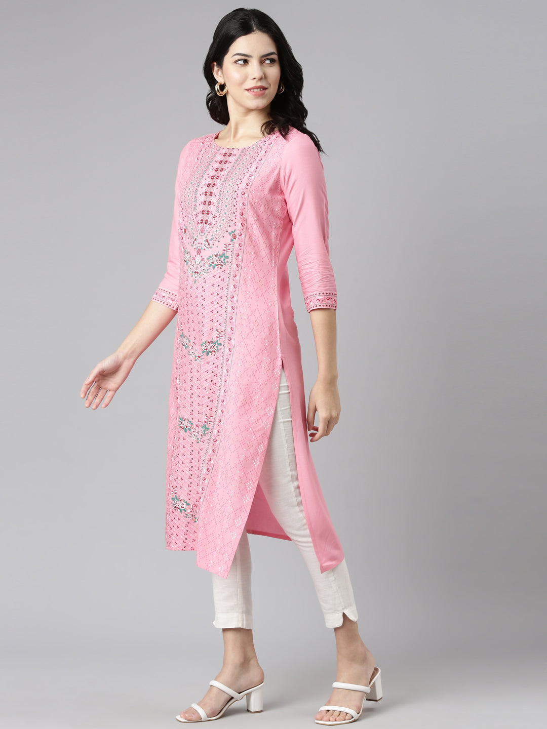 Neerus Pink Regular Straight Printed Kurtas